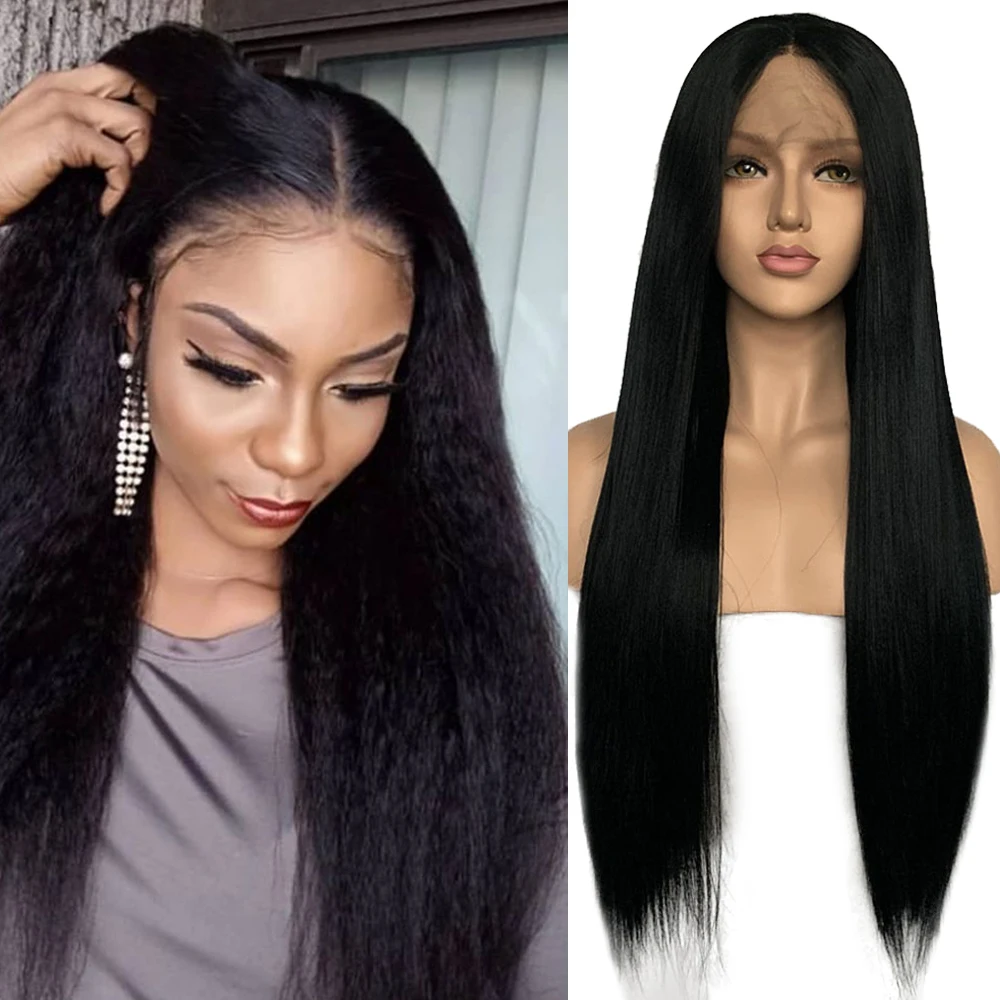 

FANXITON Long Yaki Straight Synthetic Lace Front Wigs Middle Part High Temperature High Temperature Fiber Cosplay Wigs For Women