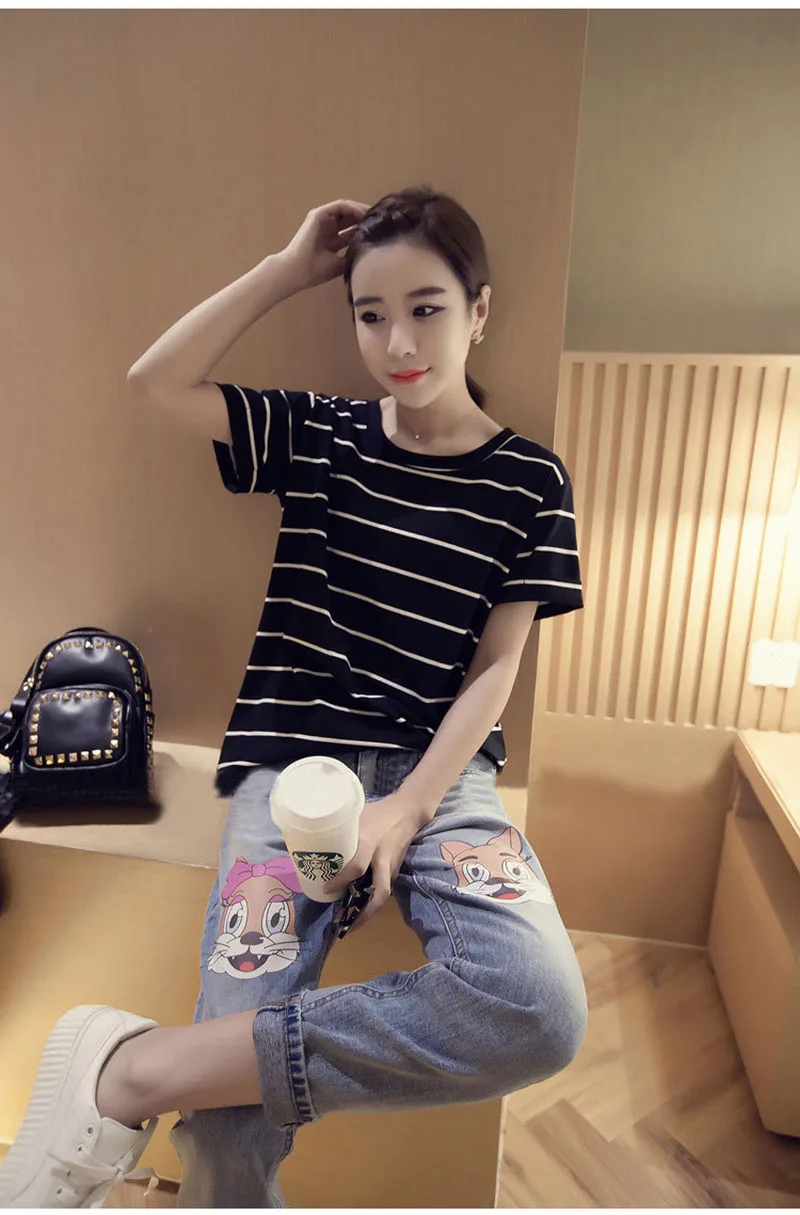 Летняя новинка футболка в полоску с круглым вырезом Женская Повседневная