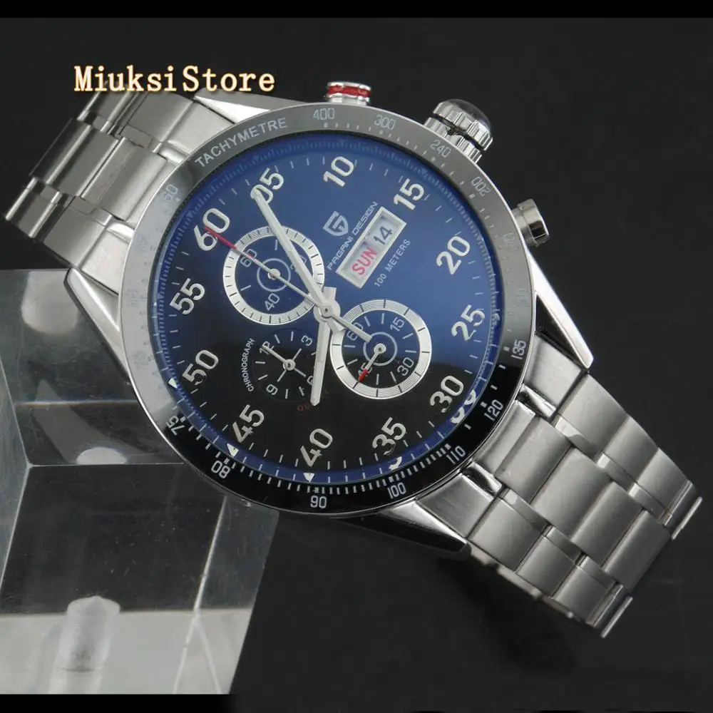 Pagani design 42mm mens top watch silver case black dial multifunction quartz chronograph tachymeter |