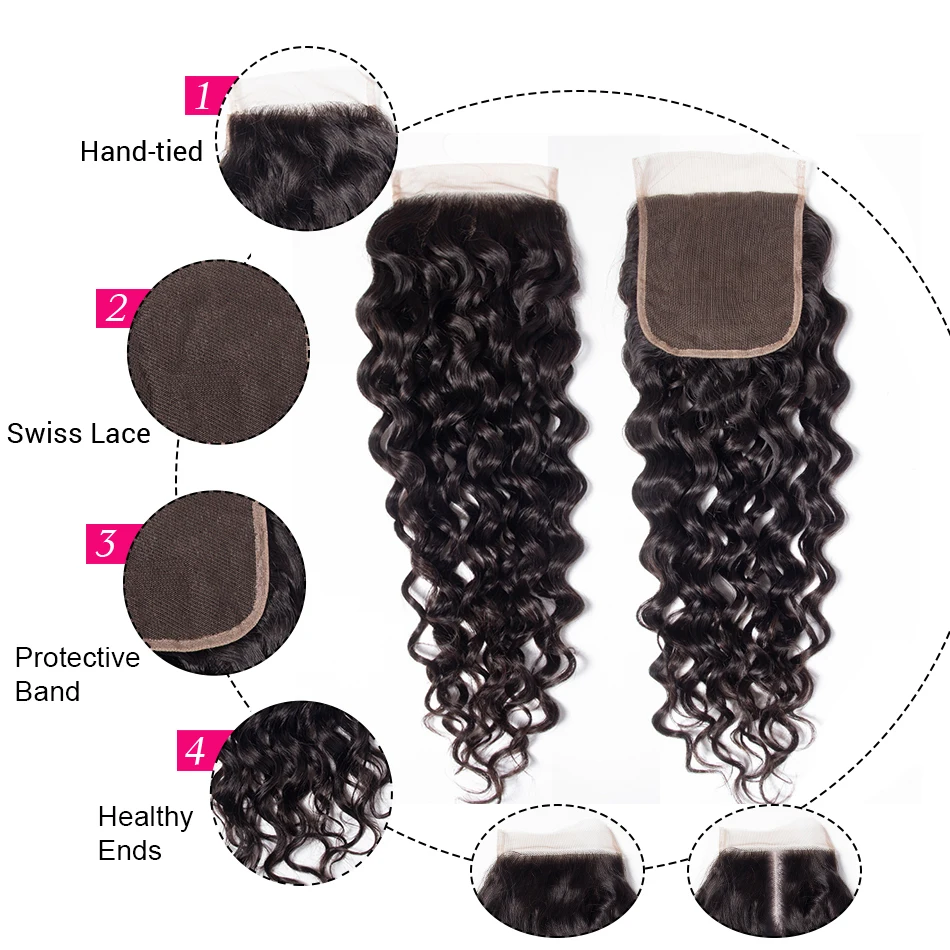 

Brazilian Water Wave Human Hair 3 Bundles With 4x4 Lace Closure Medium Brown, Remy Brazilian Hair Bundles With Closure