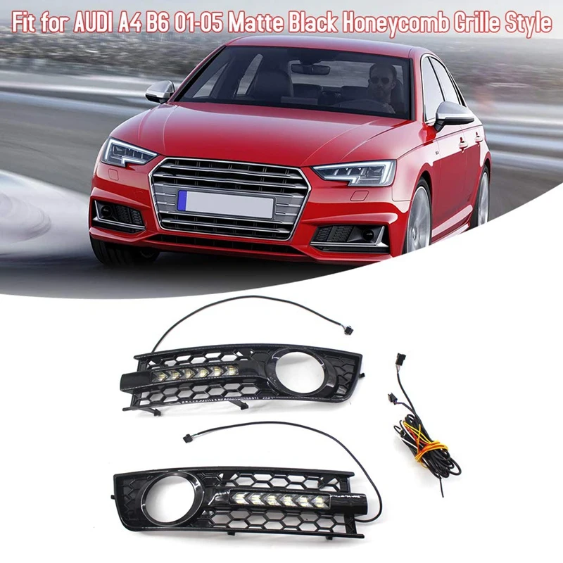 

2Pcs Car Front Fog Light Grille Flowing LED DRL Daytime Running Light Turn Signal Lamp Mesh Cover Grilles for A4 B6 01-05 8