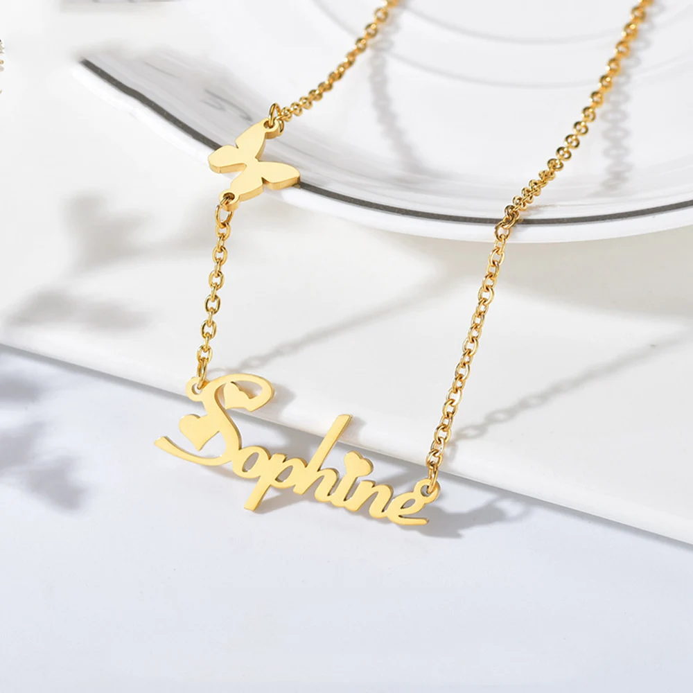 

HUHUI Custom Name Necklace With Butterfly Pendant Personalized Nameplate Stainless Steel Choker Women Jewelry Anniversary Gift
