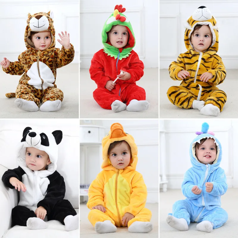 

New Autumn Winter Infant Jumpsuit Clothing Cute Animal Funny Baby Long Sleeve Flannel Newborn Baby Boy Girl Hooded Rompers