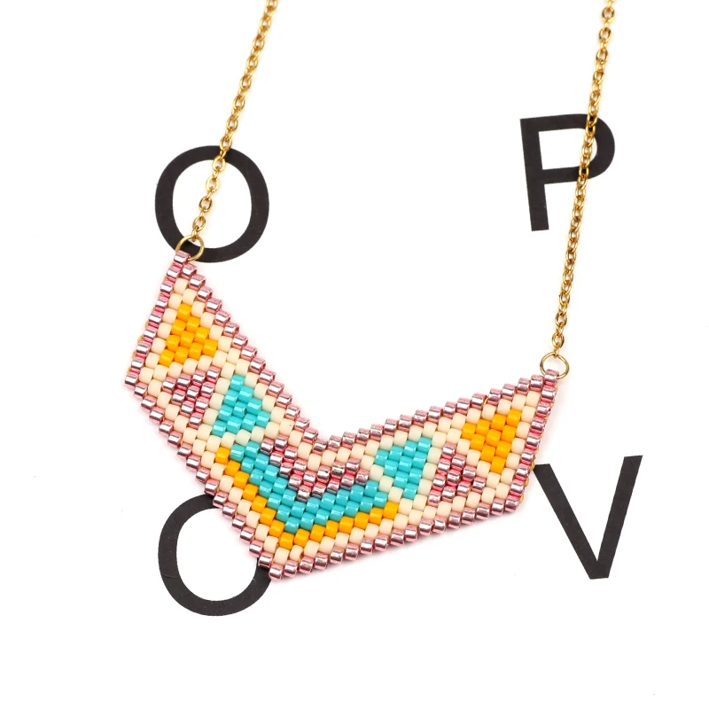

FAIRYWOO Geometric Amulet Necklace Miyuki Bead Luxury Accessoires Teacher Gift Boho Necklace Long Multi Strand Bead Necklace