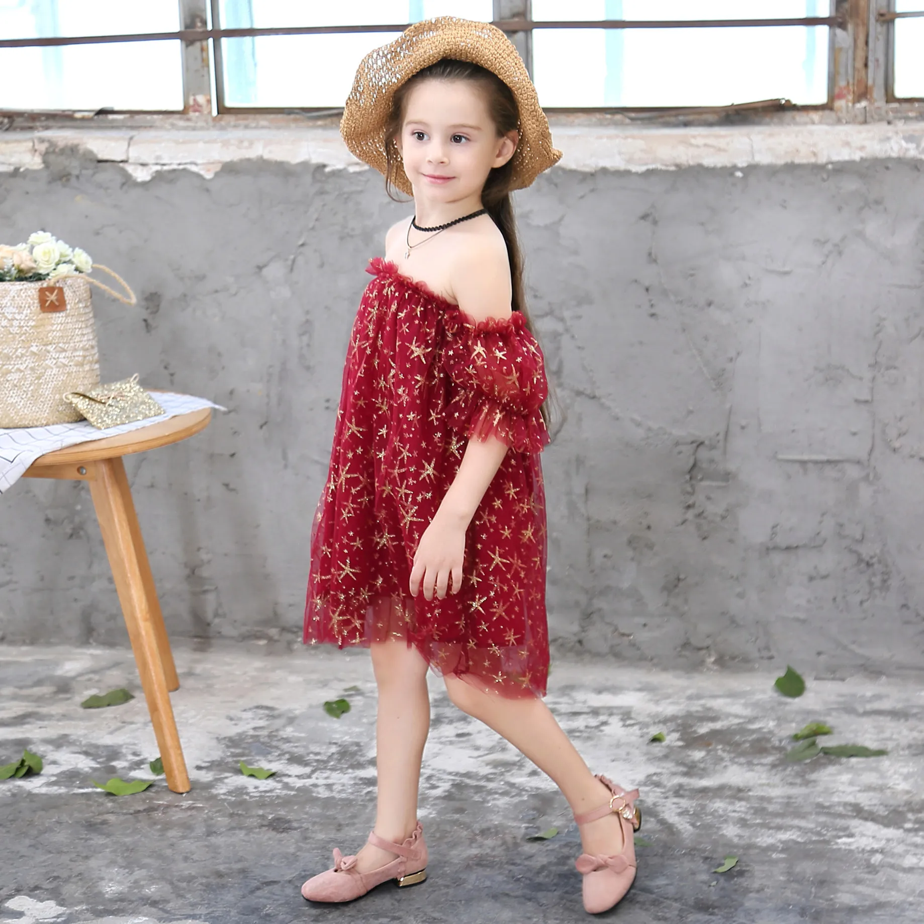 

2020 Summer Fashion One-Shoulder Neck Star Print Dress Princess Costume Clothing Party Kid girls Dress 2-10Y