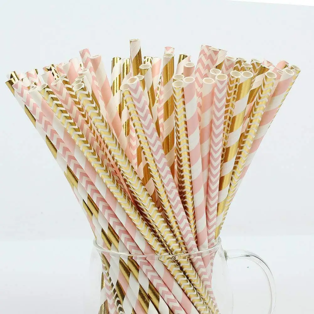 

25pcs/Lot Party Supplies Golden Stripe Plastic Disposable Drinking Straw Birthday Party Decorations Desechables Fiesta For Party