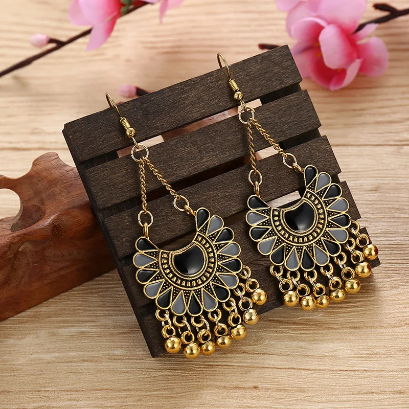 

Bohemian Corful Flower Gold Alloy Tassel Dangle Earrings Ethnic Sector Court Style Turkish Women's Vintage Boho Earrings