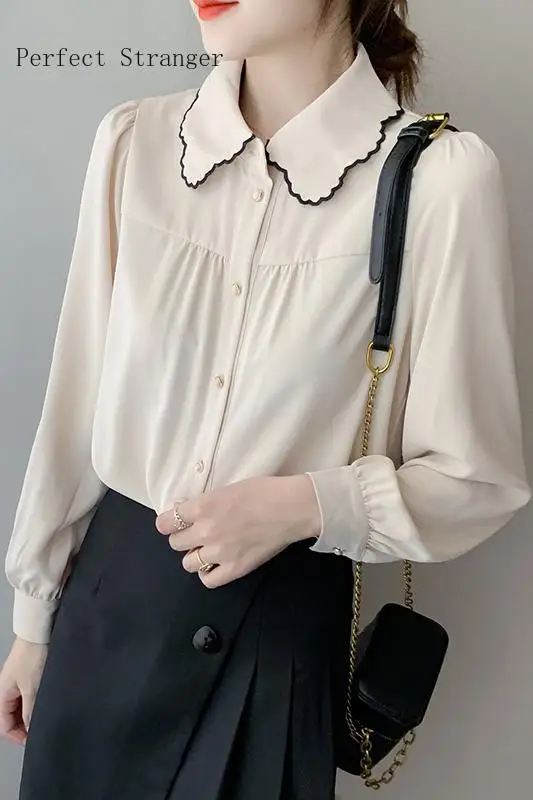 

2021 Spring Autumn New Arrival Hot Sale Turn-down Collar Long Sleeve Women Chiffon Blouse High Quality
