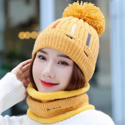 Knitted Hat With Scarf Collars SUOGRY Sets For Women Winter Ladies Hat& Scarf With Pompom Thick Two Piece Keep Snow Warm Set - Цвет: Yellow