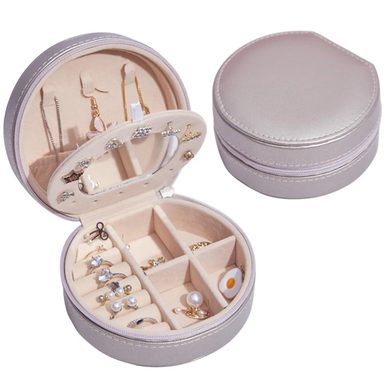 

XINSOM Round Jewelry Box With Mirror Double Layers Necklace Earrings Rings Bracelets Jewelry Storage Box Portable Travel Casket