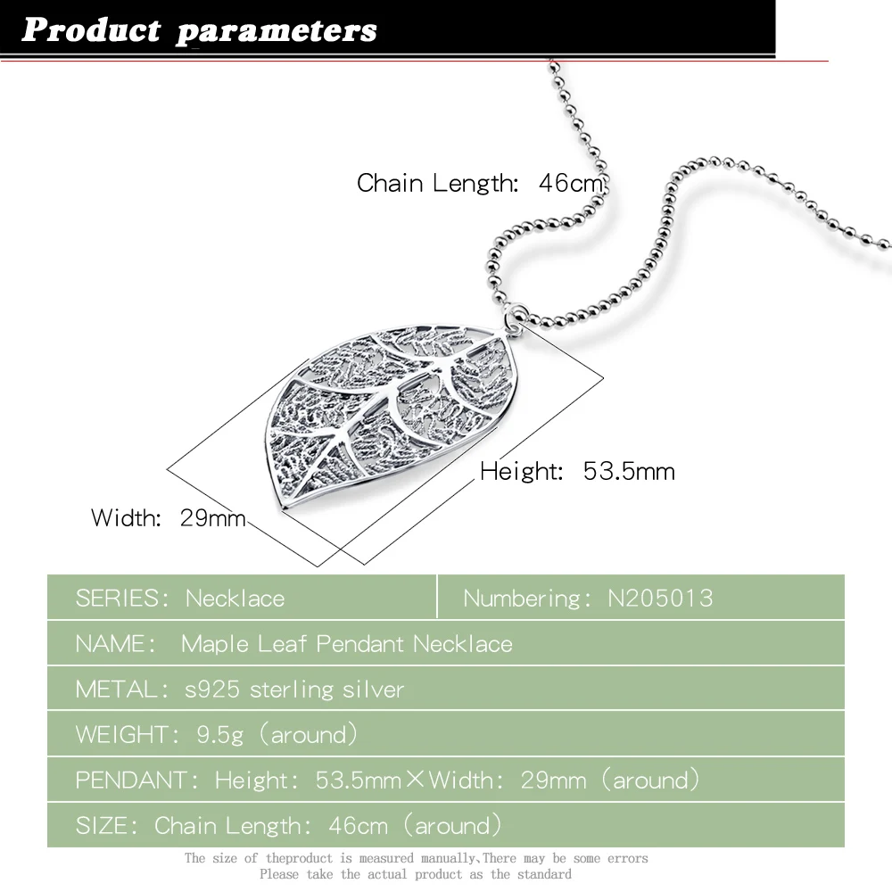 New Arrival Gorgeous Women's 925 Sterling Silver Necklace Maple Leaf Pendant Design Solid Bead Chain 46-86CM Length | Украшения и
