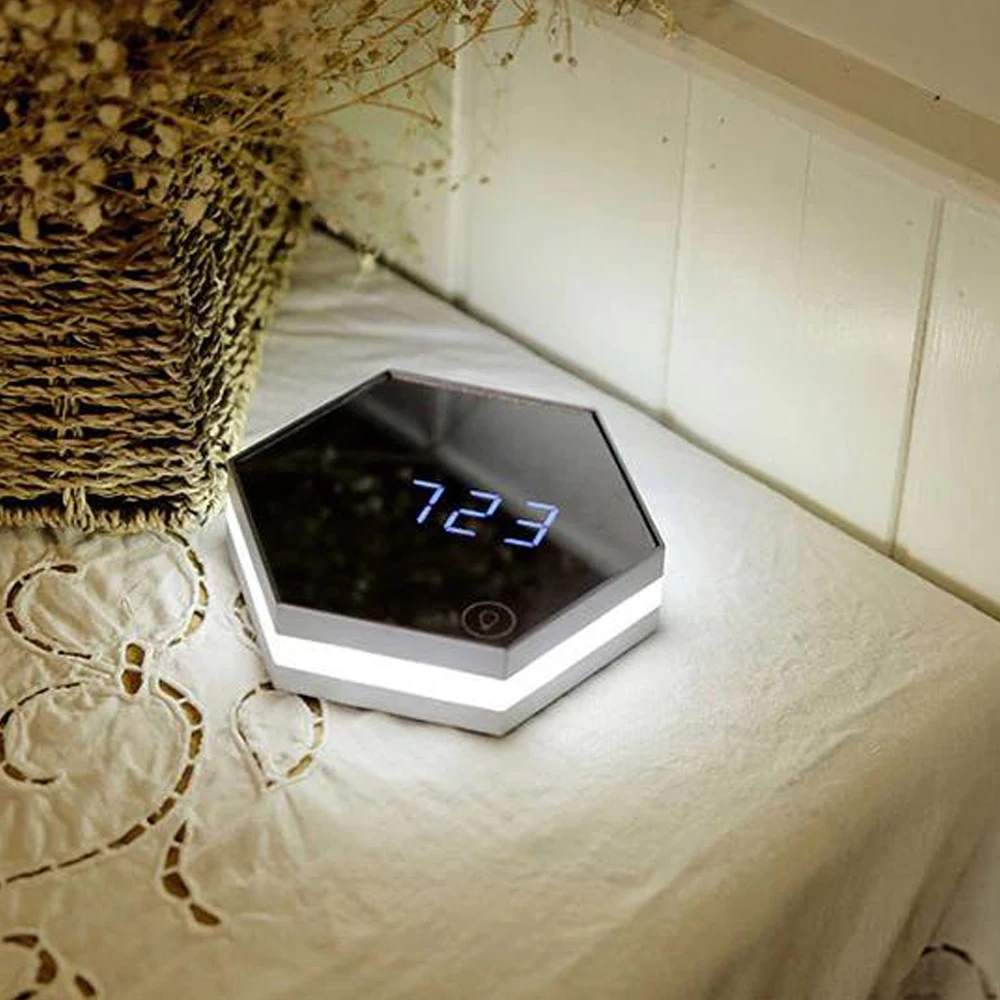 

Mirror Desk Clock Multifunctional Digital Alarm Clocks Led Make Up Mirror Watche Hexagon Shape Home Decor Alarm with Night light