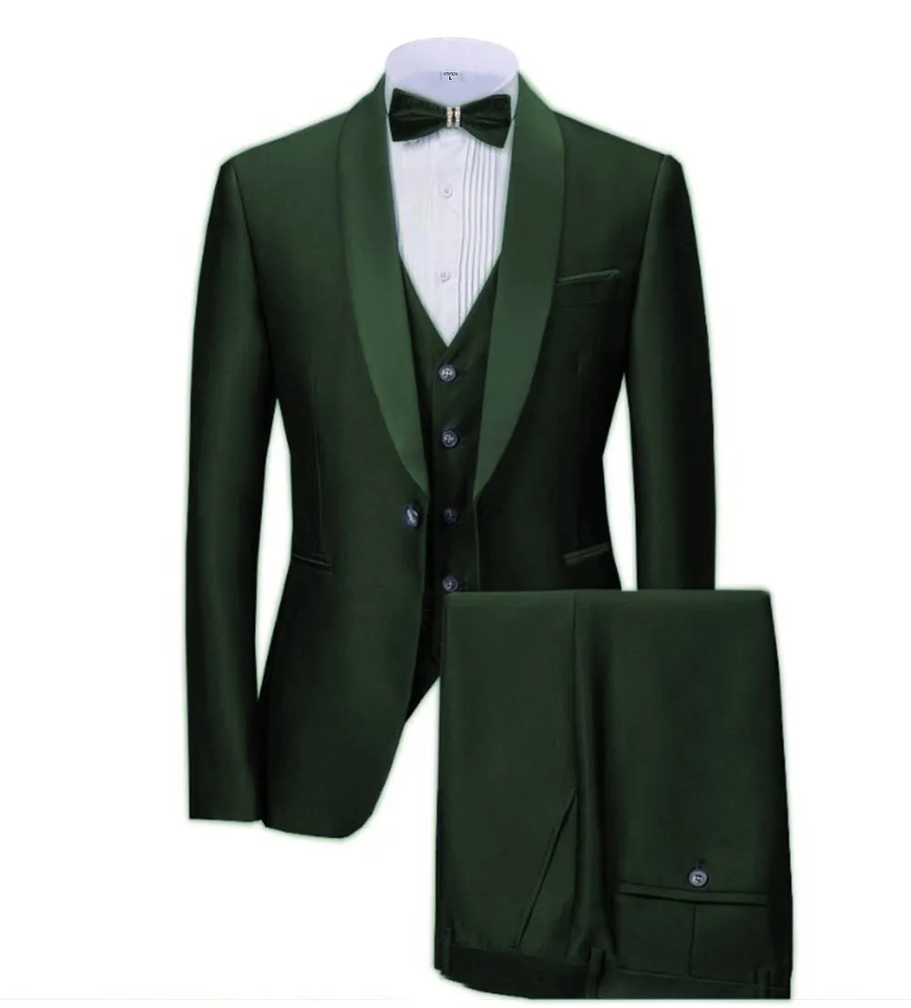 dark green Новинка, темно-синие мужские костюмы, 3 предмета, деловой Блейзер, смокинги, шаль с отворотом для свадьбы, жениха(пиджак+ жилет+ брюки - Цвет: dark green