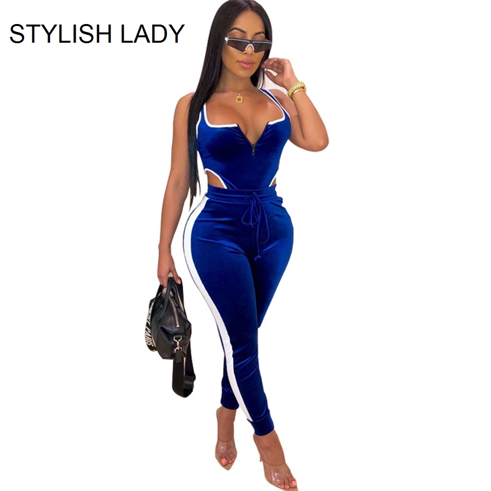 

STYLISH LADY Side Striped Velvet Rompers and Jumpsuits 2019 Autumn Winter Women Sleeveless Backless Bodycon Club Party Overalls
