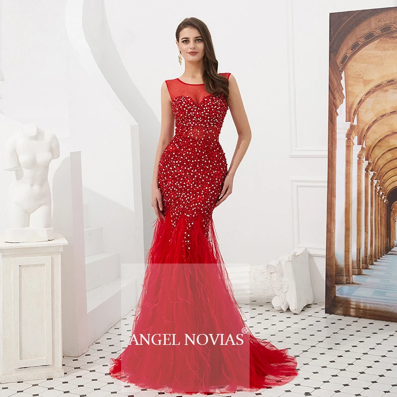 

Long Red Mermaid Backless Abendkleider Evening Dresses 2020 with Feather crystal beads vestidos fiesta largos 2020