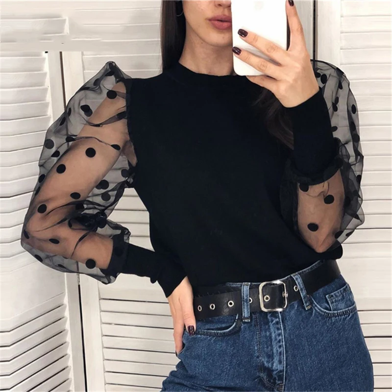 Puff Sleeve Knitwear Mesh Transparent Pullover Autumn Women Polka Dot Winter Top Knitted Turtleneck Thin Sweater | Женская одежда
