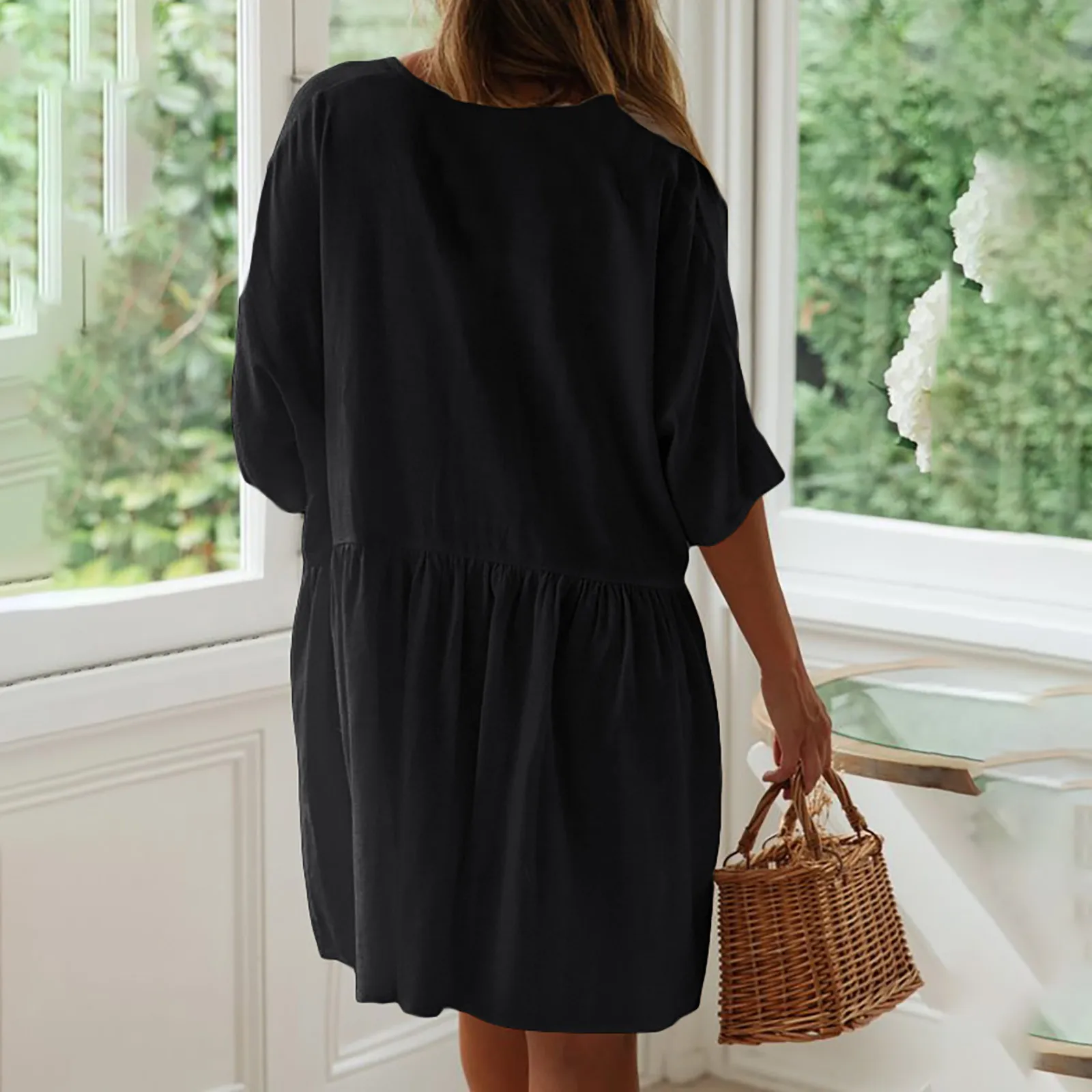 

40#Women's Shirt Dress Boho Solid Elegant Bag Button Beach Sun Pocket Loose Seaside Holiday Dress Vintage Plus Size Dresses
