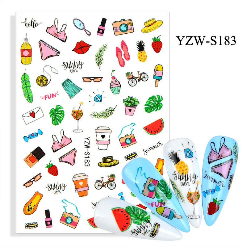 

3D Stickers for Nails Summer Fruit Camera Beach Nail Foil Decal Sliders Stickers for Manicure Nail Art Decoration Accessories