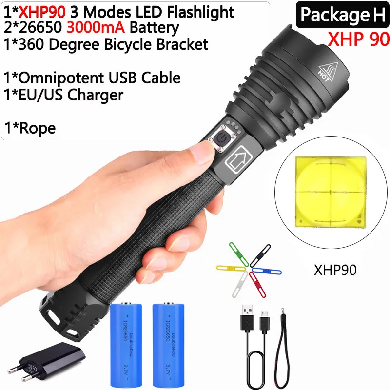 Package H Яркий Перезаряжаемый светодиодный светильник-вспышка XHP70.2 XHP90, мощный фонарь, супер водонепроницаемый охотничий светильник с зумом, 18650 или 26650 Battey - Испускаемый цвет: Package H