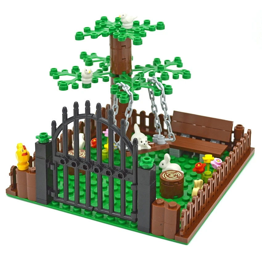 

Building Blocks City MOC Accessories DIY Bricks Garden farm animal Chicken Rabbit Cat Swing Plant Flower Creator Toys for Kids