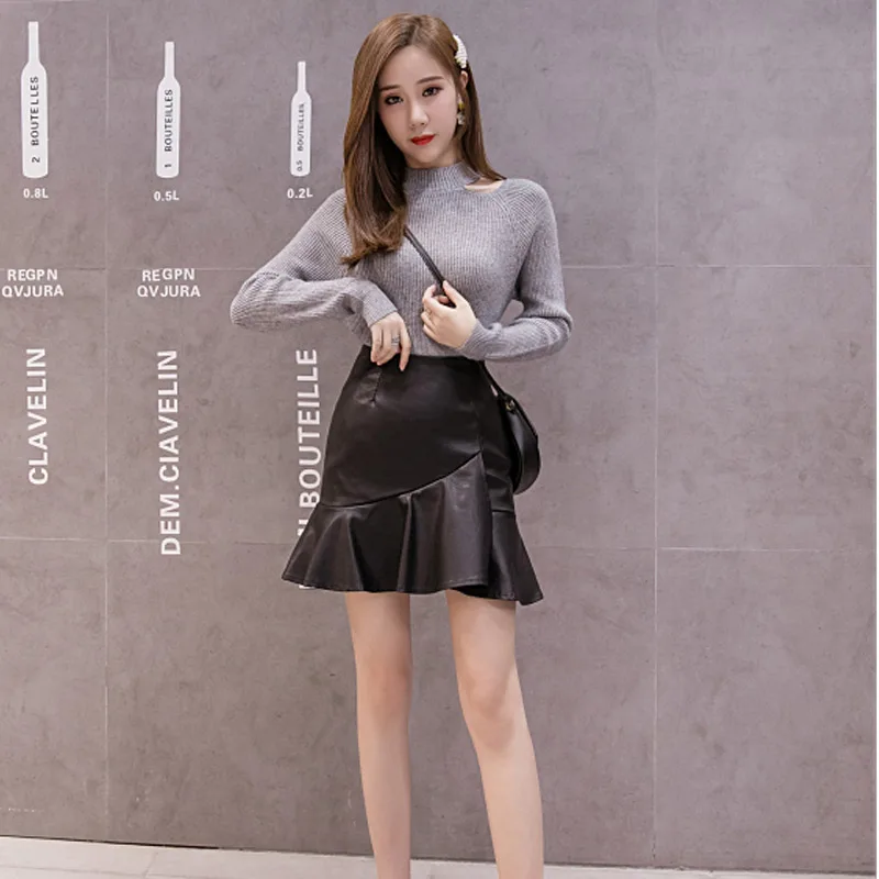 Комплект из 2 предметов женская одежда 2019 Вязаный топ искусственной кожи с рюшами