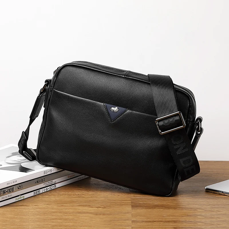 Bison Denim Large Capacity Crossbody Bag for Men Genuine Leather Shoulder Bag Male Zipper Messenger Bag Black