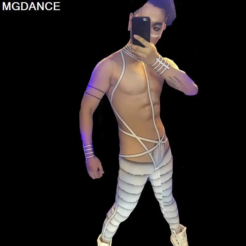 

Men's Muscular White Printed Stretch Jumpsuit Bar Nightclub Concert Singer/dancer Costume