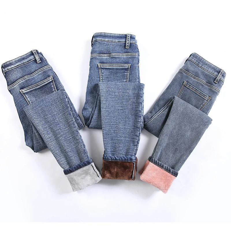 Winter Fleece Warm Thick Plus Velvet Skinny Mom Jeans For Women High waist Slim fit Female Stretch Denim Pencil Pants
