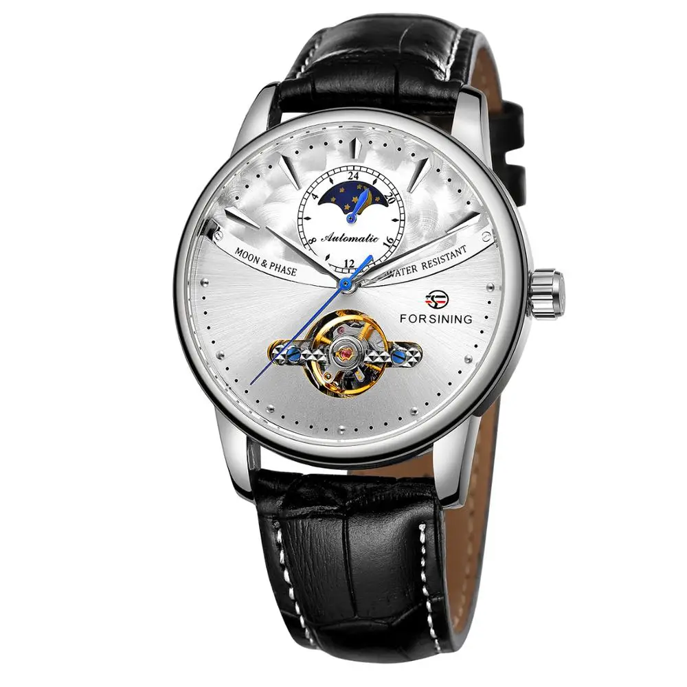 Forsining Tourbillon синие автоматические часы мужские классические Moonphase Дизайн Натуральная кожа Ремешок Водонепроницаемый Бизнес наручные часы подарок - Цвет: SILVER WHITE