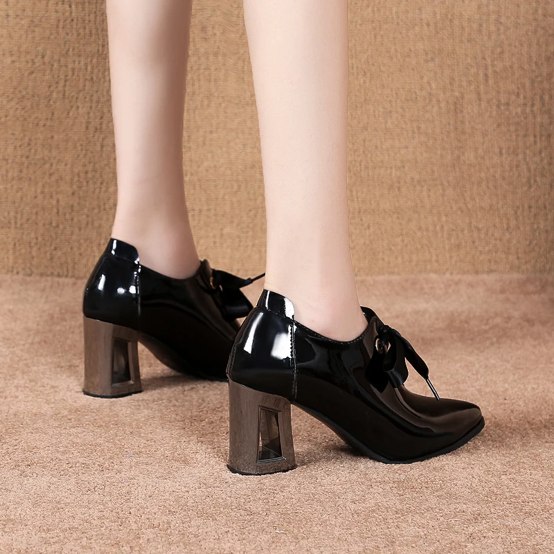 

2020 Spring Women Shoes Pointed Toe Lace Up High Heels Pointed Toe Dres Shoes Patent Leather Bare boots Black botas mujer 7969N