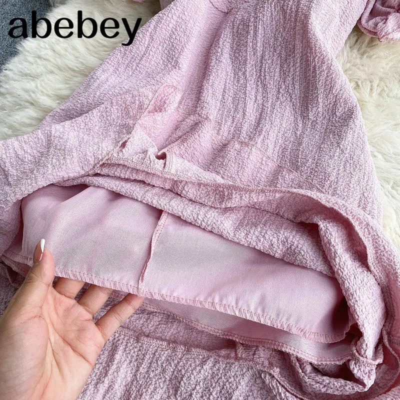

Women Korean Mini Dress Sexy Ruched O Neck Puff Sleeve Solid Slim Party Dresses Summer Fashion Streetwear Short Dress