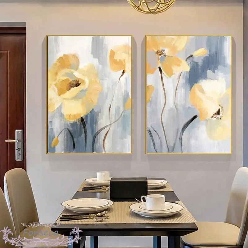 

Yellow Flower Canvas Oil Painting Abstract Blue White Background Poster and Prints Modern Wall Art Pictures Office Dining Room