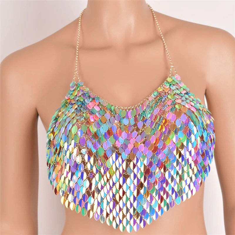 

Handcraft Colorful Shiny 3 Piece Sets Halter Sleeveless Backless Crop Tops Link Chain Sexy Hot Panty Rave Festival Summer Beach