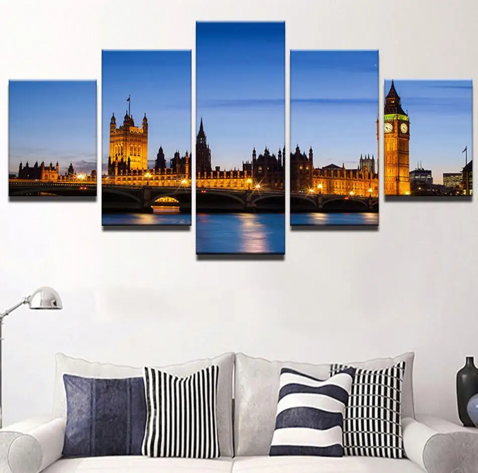 

Wall Arts Framework HD Abstract Poster 5 Pieces City Building Night View Paintings Home Decor Landscape Canvas Printeds Pictures