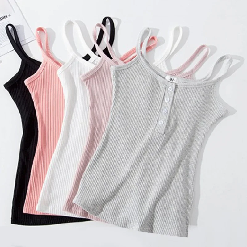 2020 Summer Sexy Sling Camis For Women Slim Solid Tops Solid Female Sleeveless Halter Bustier Tank Tops With Buttons