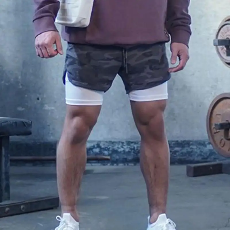 Шорты мужские спортивные быстросохнущие 2 в 1 однотонные камуфляжные | Спорт и