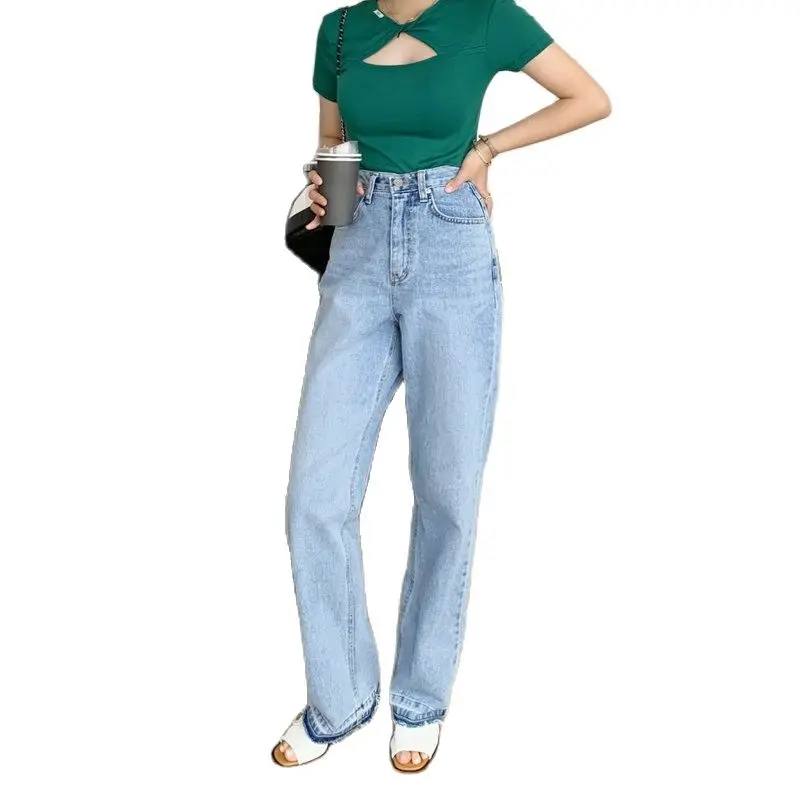 

Casual jeans high waist personality design raw edge straight-leg jeans 2021 summer Korean fashion women's clothing