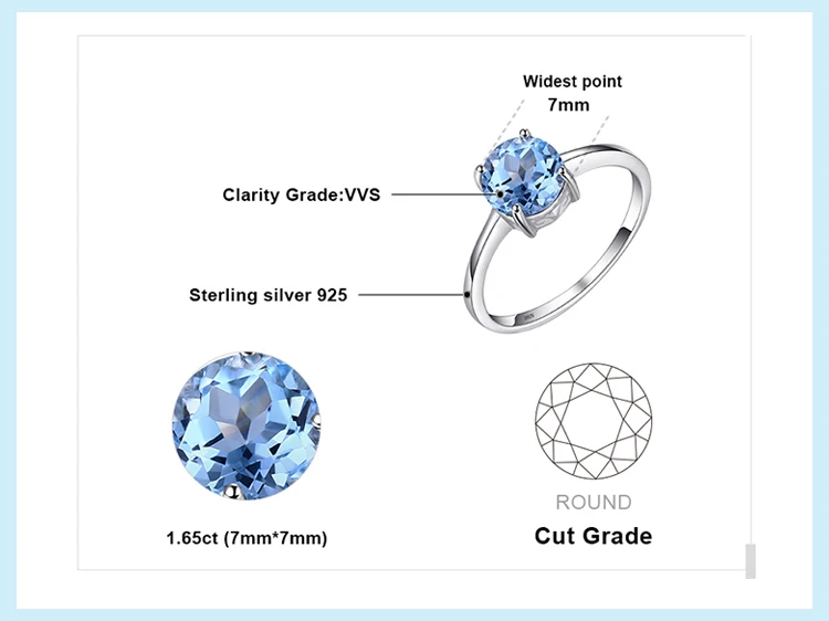 Jewelrypalace круглый 1.6ct Природный Голубой топаз камень пасьянс кольцо натуральная 925 пробы Серебряные ювелирные изделия для Для женщин