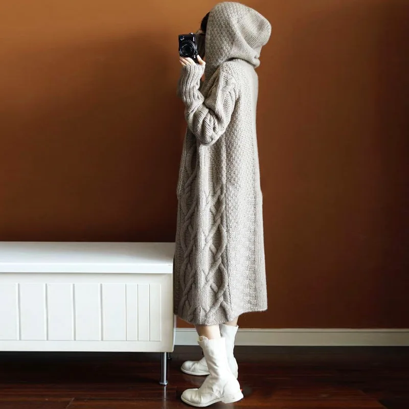 Woherb 2021 длинный кардиган Женский вязаный свитер с капюшоном свободный осенний