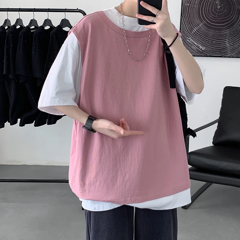 

Summer Cotton Short-sleeved T-shirt Men's Fashion Hit Color Casual T Shirt Men Streetwear Loose Hip-hop Fake Two Tshirts Mens
