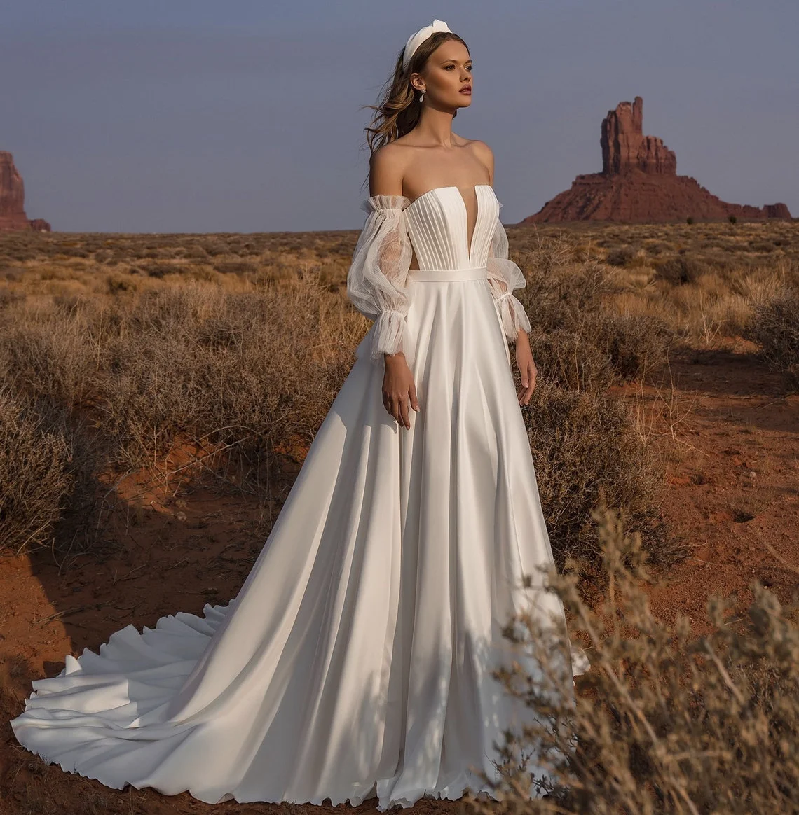 

11503# Off-Shoulder Sweetheart Chiffon Lace-Up A-Line Wedding Gown Sweep Train Open Back Wedding Dress Wedding Gown Bridal Gown
