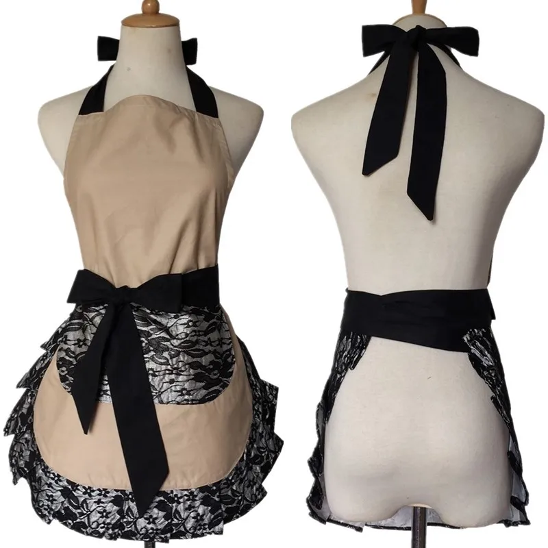 

Home Kitchen Apron Work Stain-resistant Cotton Lace Aprons With Large Pockets