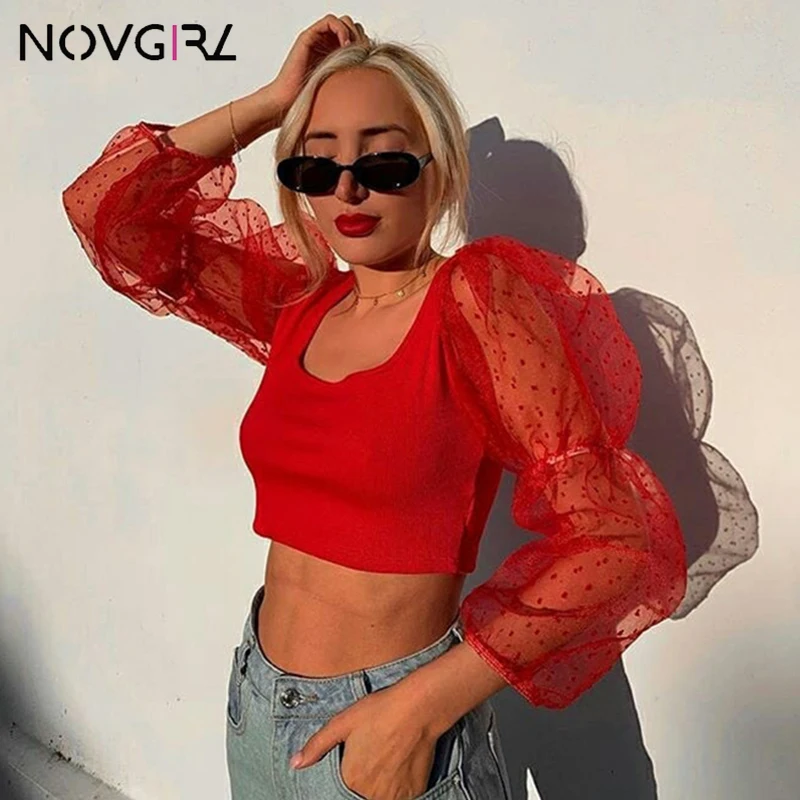 Женский сетчатый топ с рукавами фонариками Novgirl прозрачный укороченный