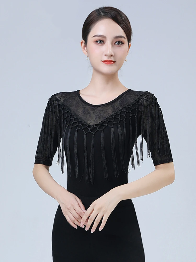 

Latin Dancing Practice Tops Half-Sleeve Lace Stitching Tango Dance Performance Clothing Tassel Ballroom Training Wear YS1699