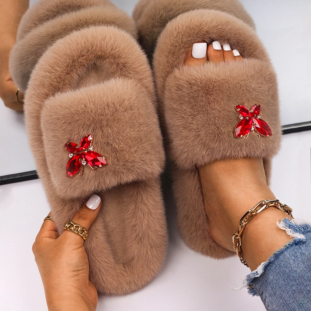 Ladies Slippers Fluffy Flip Flops Women Bling Rhinestone Butterfly Decor Faux Fur Slides Flat Sandals House Slippers Shoes 2021