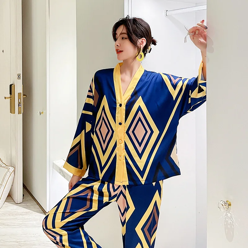 Women's Pajamas Set Super Big Rhombus Print Sleepwear Silk Like Nightwear Casual Homewear pajamas suit for women pijama mujerc