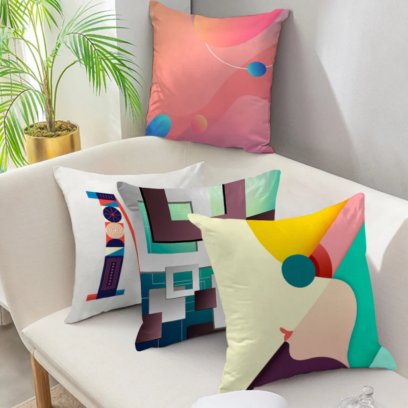 

Geometric Abstract Decorative Pillows Case Throw Pillows Bike Woman Pattern Designer Pink and Yellow Grey Cushion Cover 45*45 cm