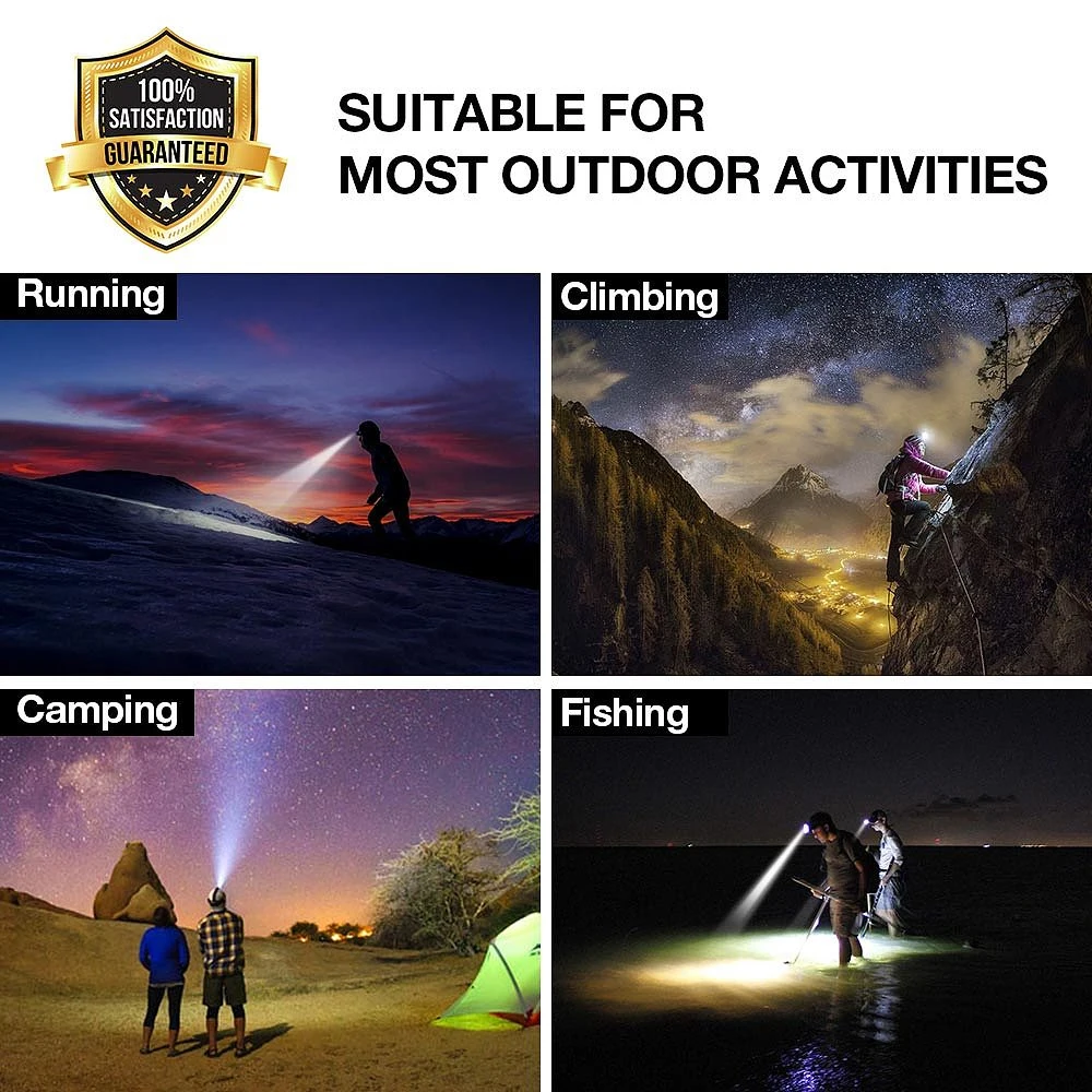 

Super Red/Blue/White Light LED Headlamp L2+ 2*T6 LED Headlight USB Rechargeable Head Light with Tail Warning Light 9 Modes Water