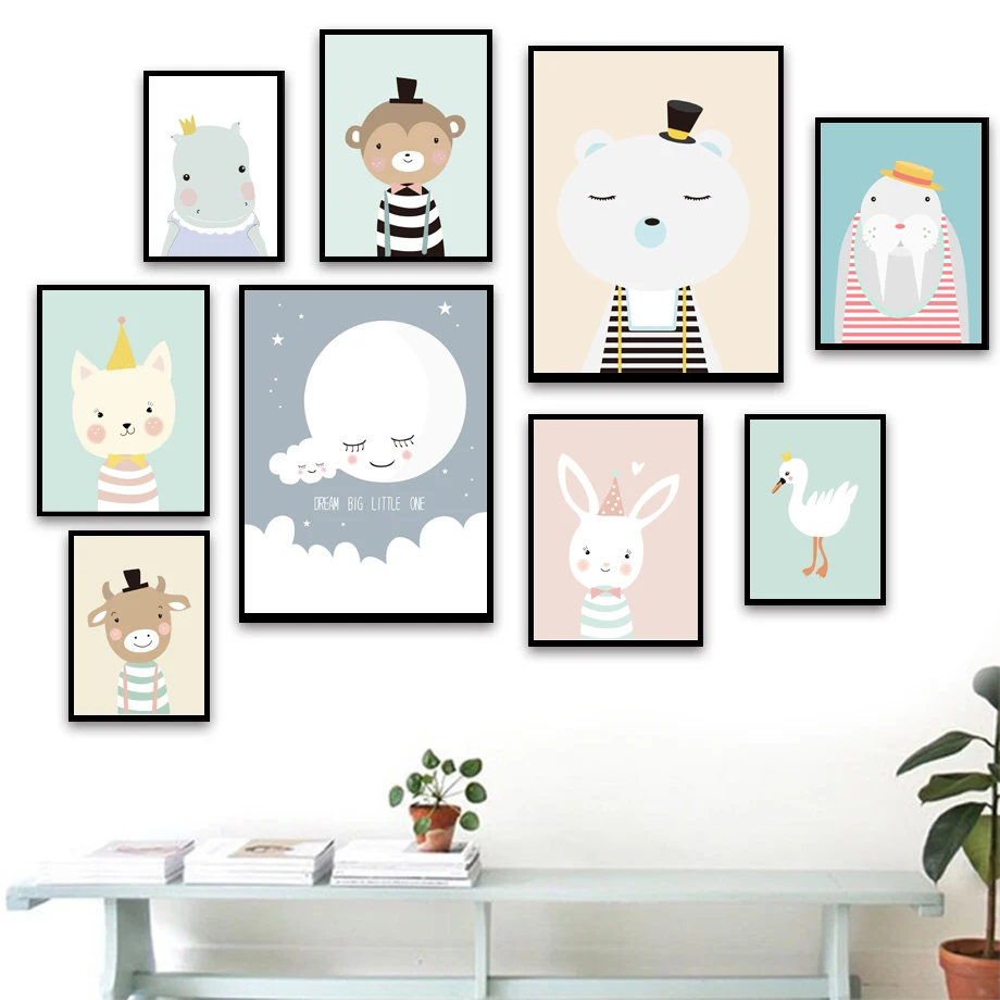 

Hippo Monkey Bear Cow Rabbit Swan Seal Moon Sky Wall Art Canvas Painting Nordic Posters And Prints Wall Pictures Kids Room Decor