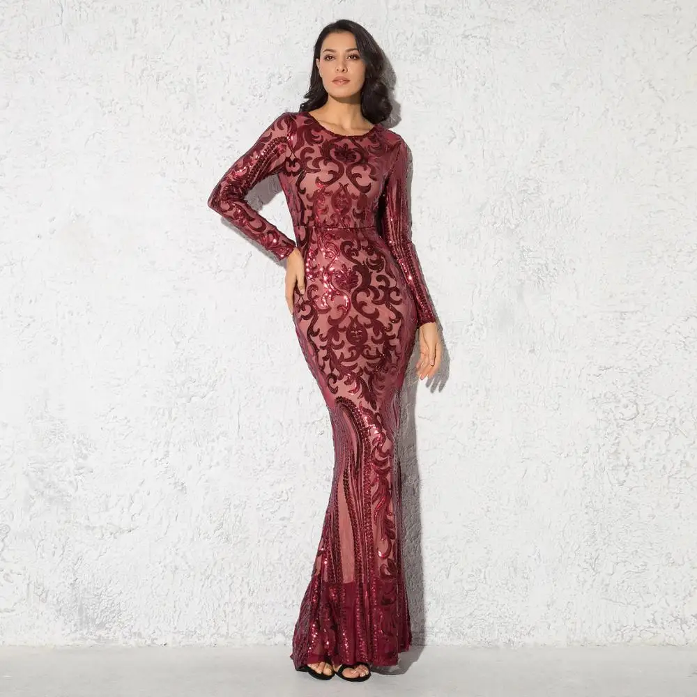Gold Elegant Full Sleeved O Neck Sequined Evening Party Dress Stretch Floor Length Lining Bodycon Burgundy Black Maxi Dress
